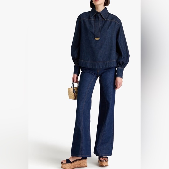 Zimmermann Dark Blue Appliquéd Denim Shirt - Picture 2 of 7